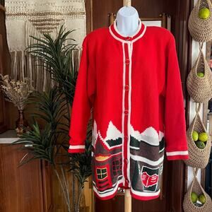 Vintage Red Wool Scenic Cardigan Coat | 80s Cabin Knit Jacket Cottagecore Winter